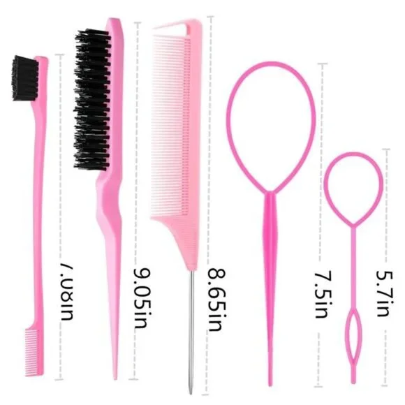 8-Piece Pink Hair Styling Tool Set Edge Brush, Rat Tail Combs & Loop Hair Puller - Picture 5 of 5